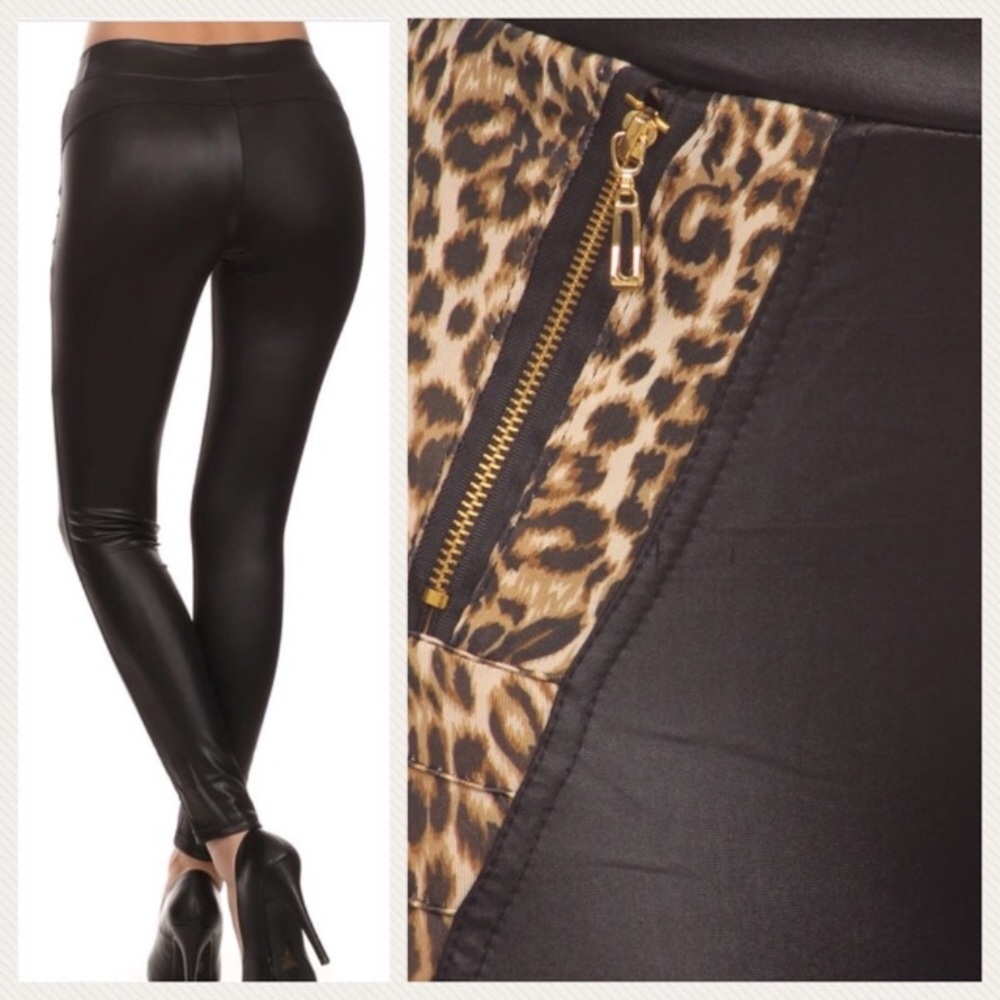 Faux Leather w/Leopard Detail Leggings - Picture 1 of 4